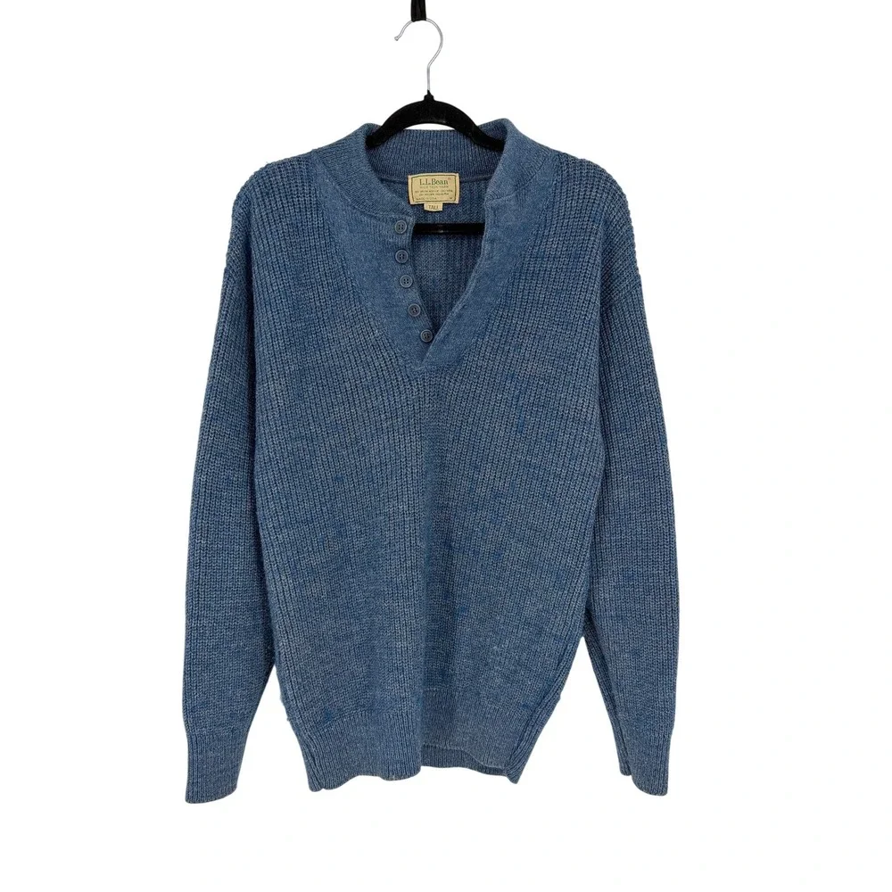 Vtg LL Bean High Trek Wool Yarn Knit Sweater Mens Medium Tall Blue Marl USA